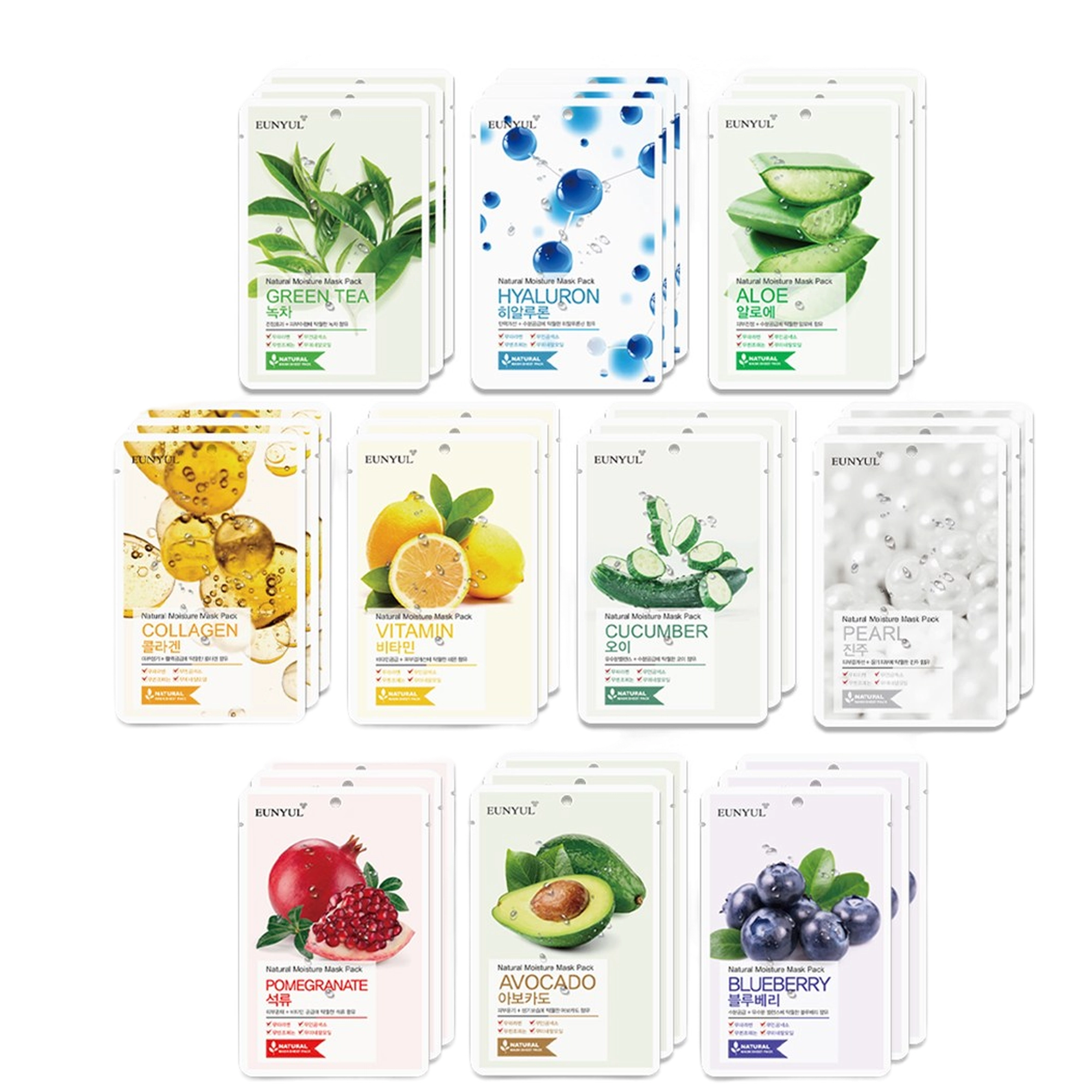 Natural Sheet Mask Pack 1 set, 3pcs x 10 types = 30 packs