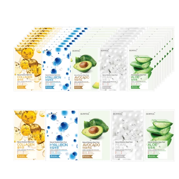 Natural Moisture Mask Pack Aloe 10pcs + Collagen 10pcs + Pearl 10pcs + Hyaluron10pcs + Avocado 10pcs, 50 sheets, 1 set