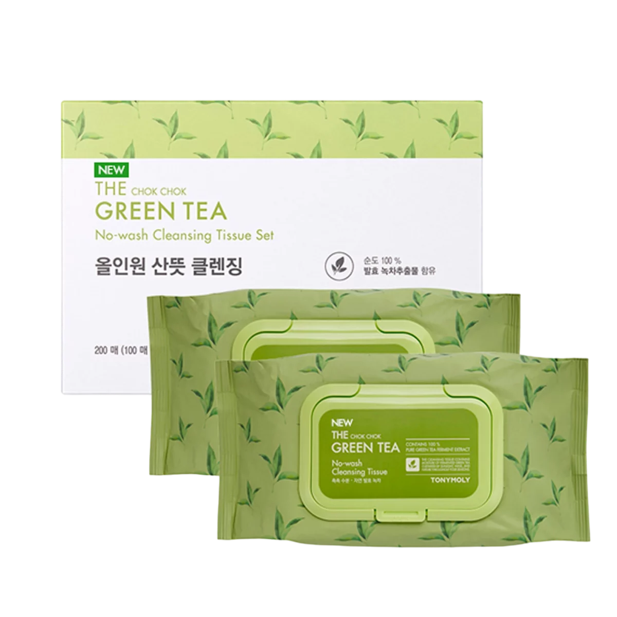 The Chok Chok NEW Green Tea No-wash Cleansing Tissue Set, 100ea, 2packs