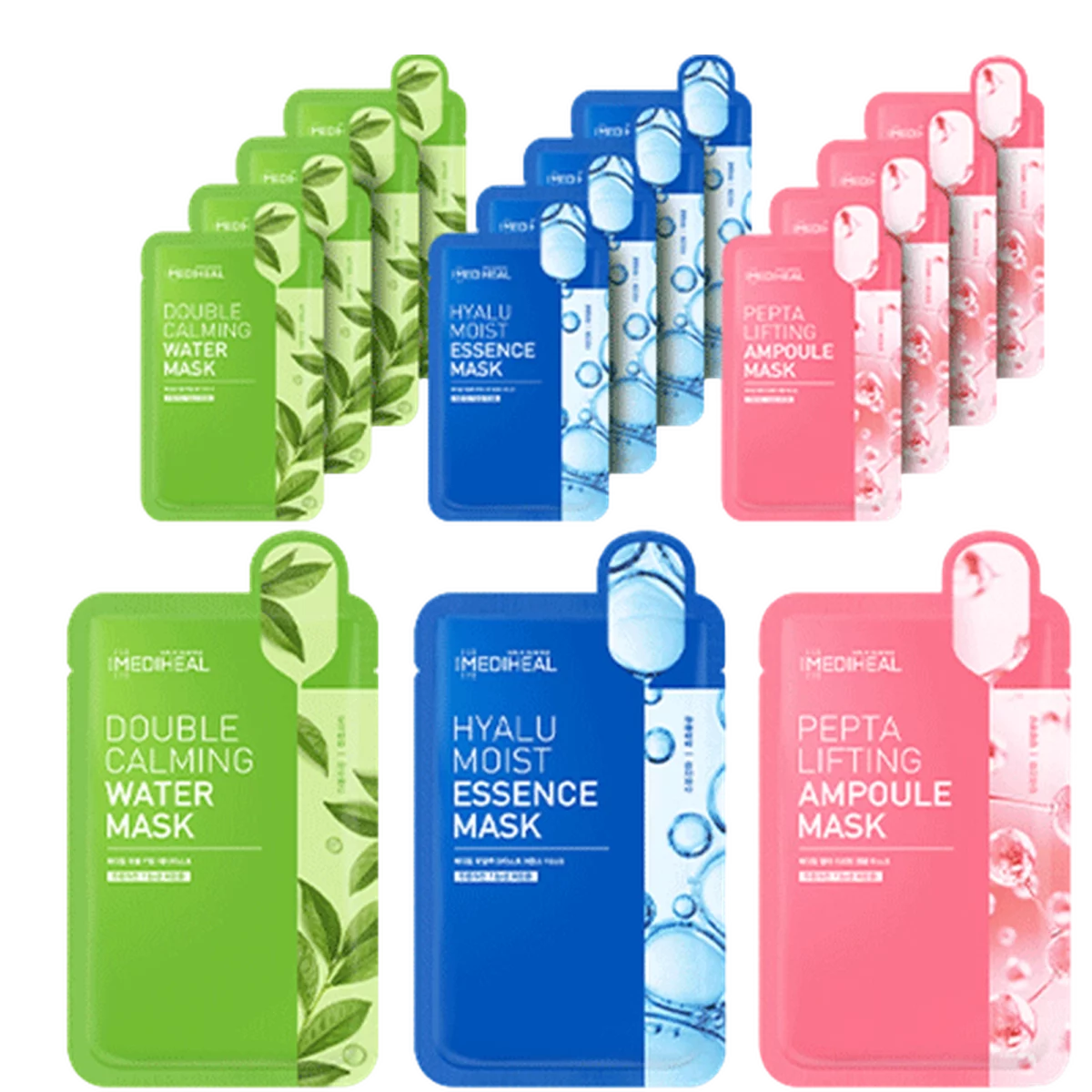 Double Calming Water Mask + Hyalu Moist Essence Mask + Pepta Lifting Ampoule Mask, 15 sheets, 1 set